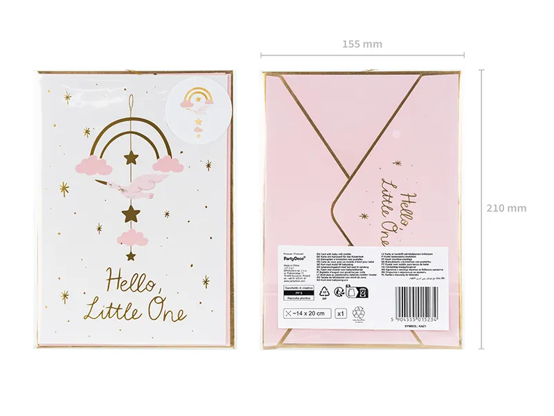 Kartka z zawieszką Bocian, jasny różowy, 14x20 cm