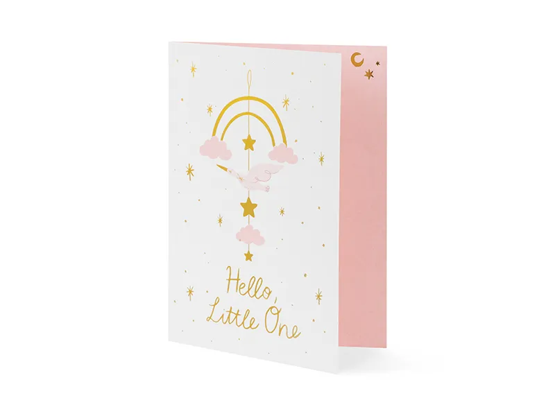 Kartka z zawieszką Bocian jasny różowy 14x20cm