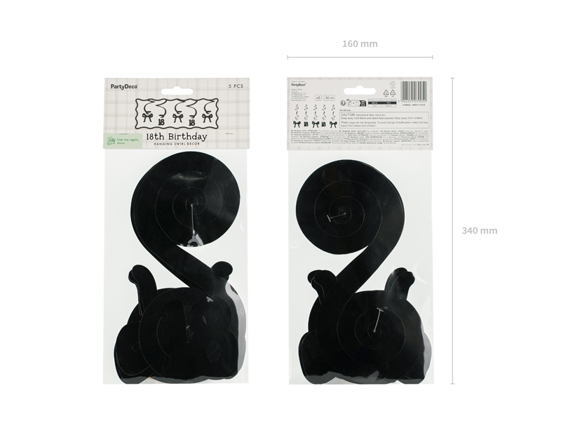 Świderki na 18 urodziny z kokardkami 50cm, czarne (1 op. 5 szt.)