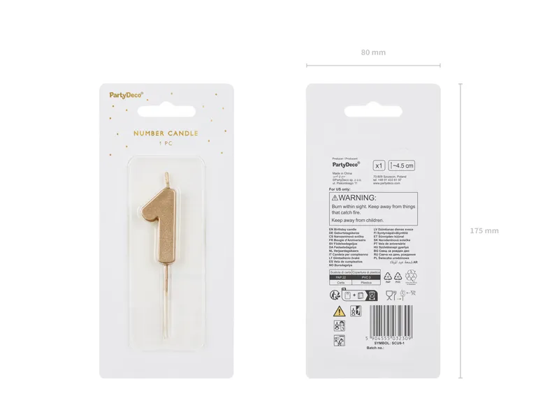 Świeczka urodzinowa Cyferka 1, 4.5 cm, złoty