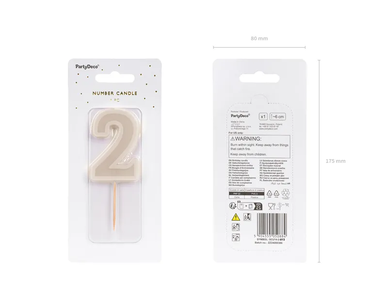 Świeczka urodzinowa Cyferka 2, beż, 6 cm