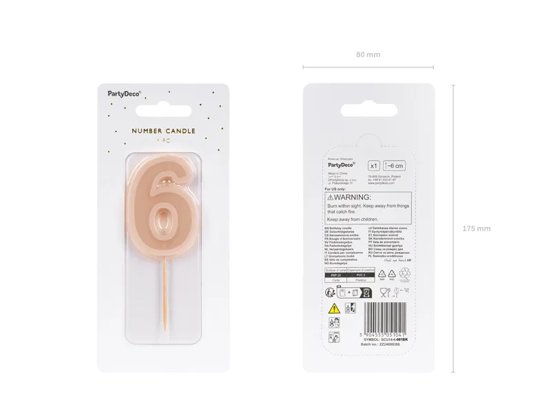 Świeczka urodzinowa Cyferka 6, brudny róż, 6 cm
