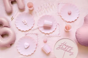 Topper akrylowy na tort Happy Birthday, jasny róż 16.5 cm