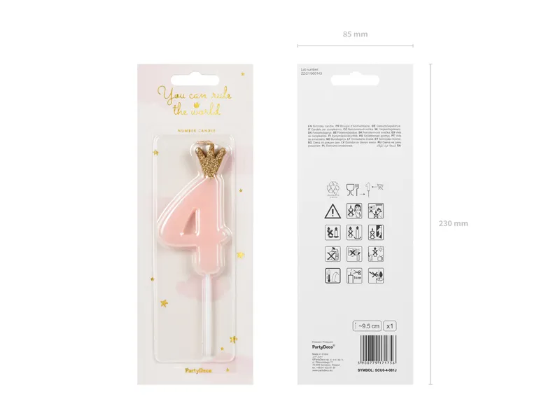 Świeczka urodzinowa Cyferka 4 jasny różowy 9.5 cm