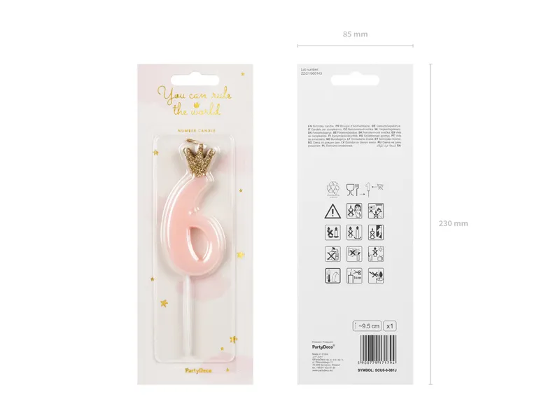 Świeczka urodzinowa Cyferka 6 jasny różowy 9.5 cm