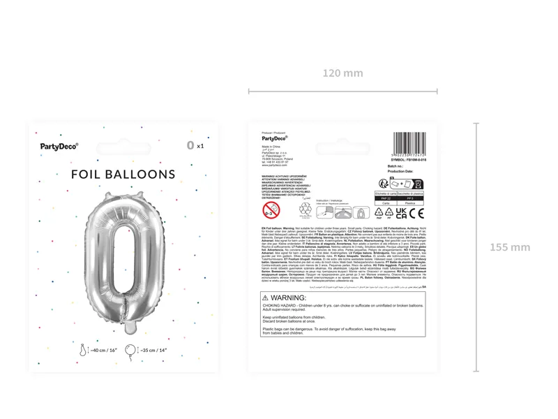 Balon foliowy Cyfra ''0'' 35cm, srebrny