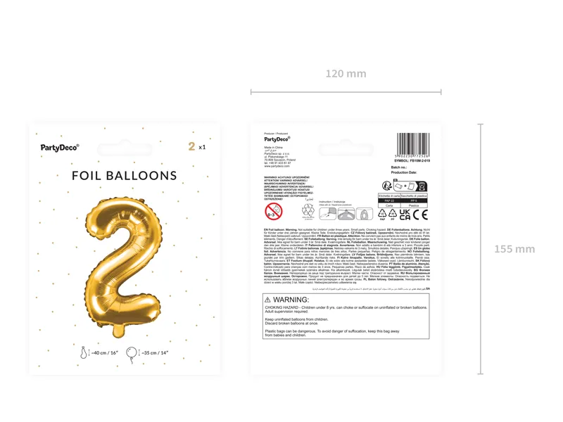 Balon foliowy Cyfra ''2'' 35cm, złoty