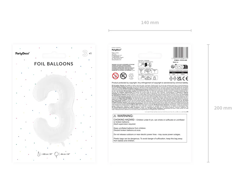 Balon foliowy Cyfra ''3'' 86 cm, biały