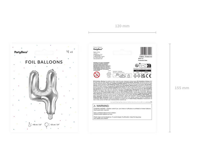 Balon foliowy Cyfra ''4'' 35cm, srebrny