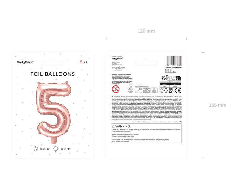 Balon foliowy Cyfra ''5'' 35cm, różowe złoto