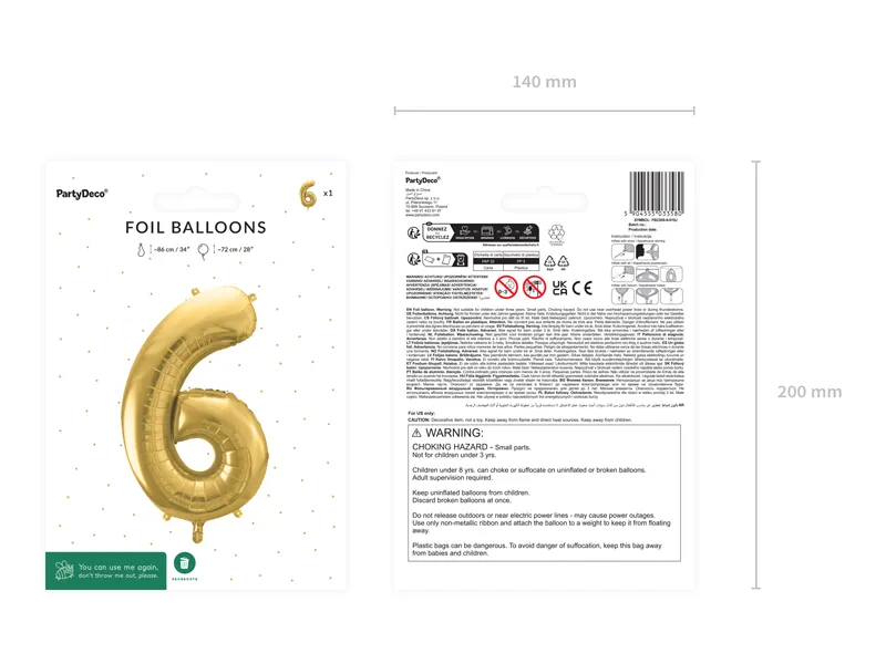 Balon foliowy Cyfra ''6'' 72cm, jasny złoty