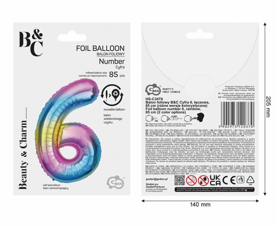 Balon foliowy Cyfra ''6'' 85 cm, tęczowa
