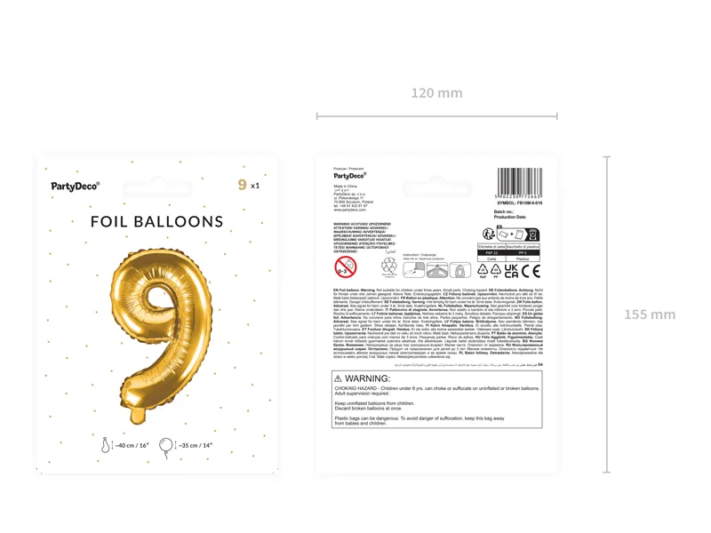 Balon foliowy Cyfra ''9'' 35 cm złoty