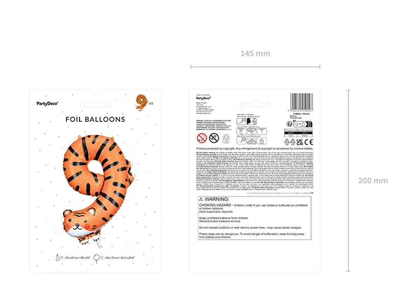 Balon foliowy Cyfra 9 Tygrys, 64x87 cm