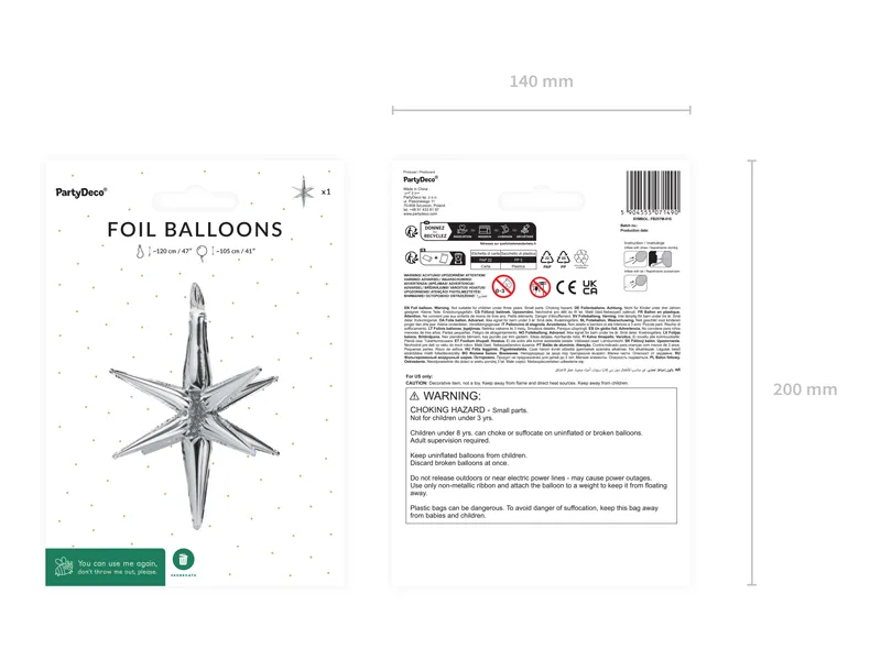 Balon foliowy Gwiazda 3D, 105cm, srebrny