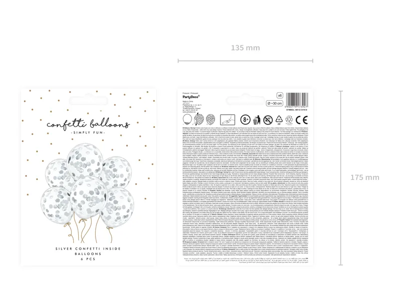 Balony z konfetti kółka 30cm, srebrny