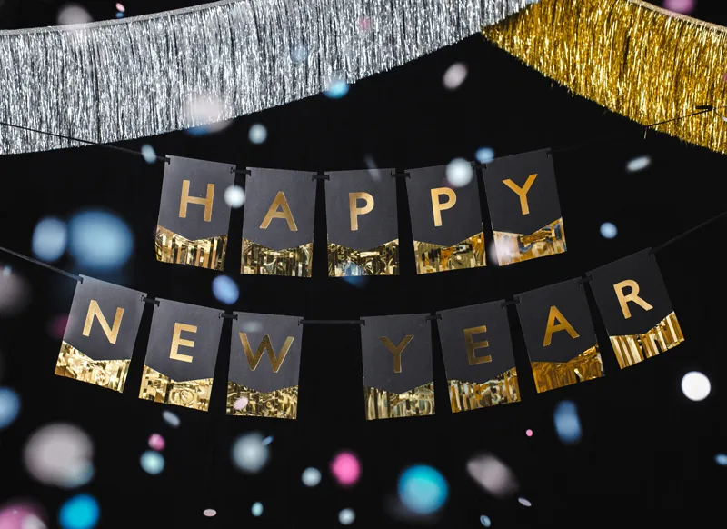 Baner Happy New Year 135x16.5 cm czarny