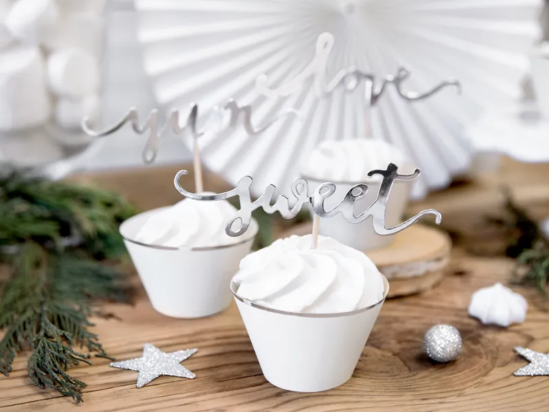 Dekoracje do muffinek Love srebrny, 13 cm