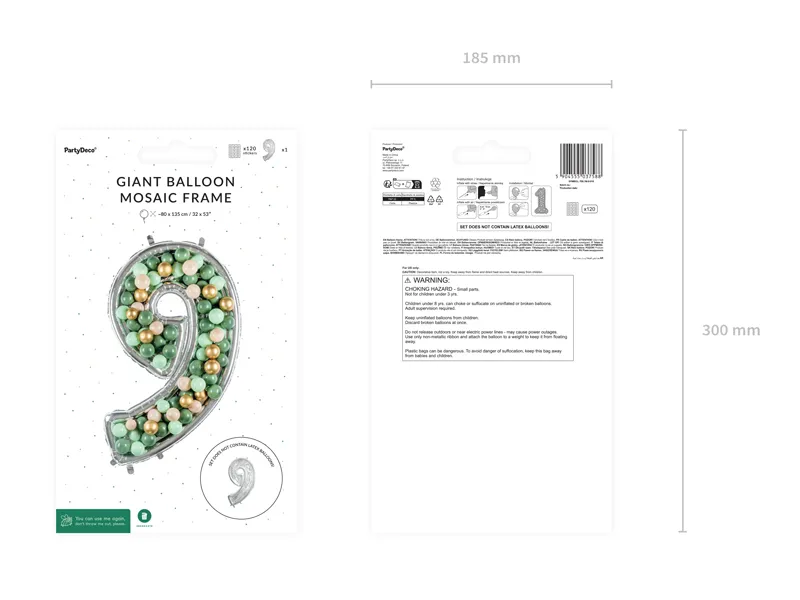 Forma Cyfra ''9'' dla balonów lateksowych 126 cm, srebrne błyszczące