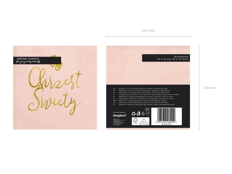 Serwetki Chrzest Święty, 33x33cm jasny różowy