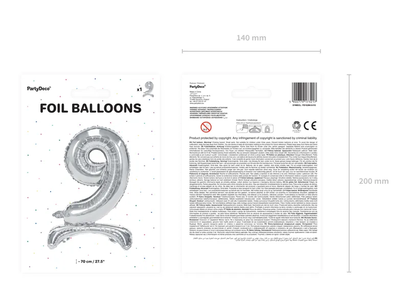 Stojący balon foliowy Cyfra ''9'' 70cm, srebrny