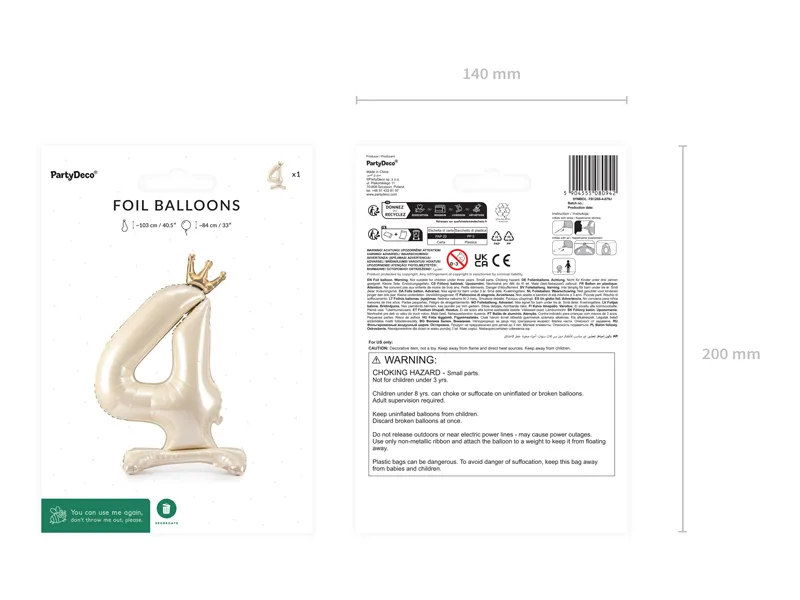 Stojący balon foliowy cyfra ''4'' 84 cm jasny krem