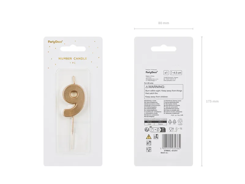 Świeczka urodzinowa Cyferka 9 4.5 cm, złoty