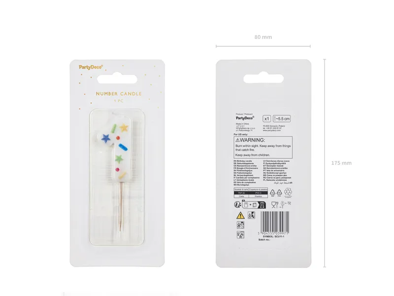 Świeczka urodzinowa Cyfra ''1'', biała konfetti, 5.5cm