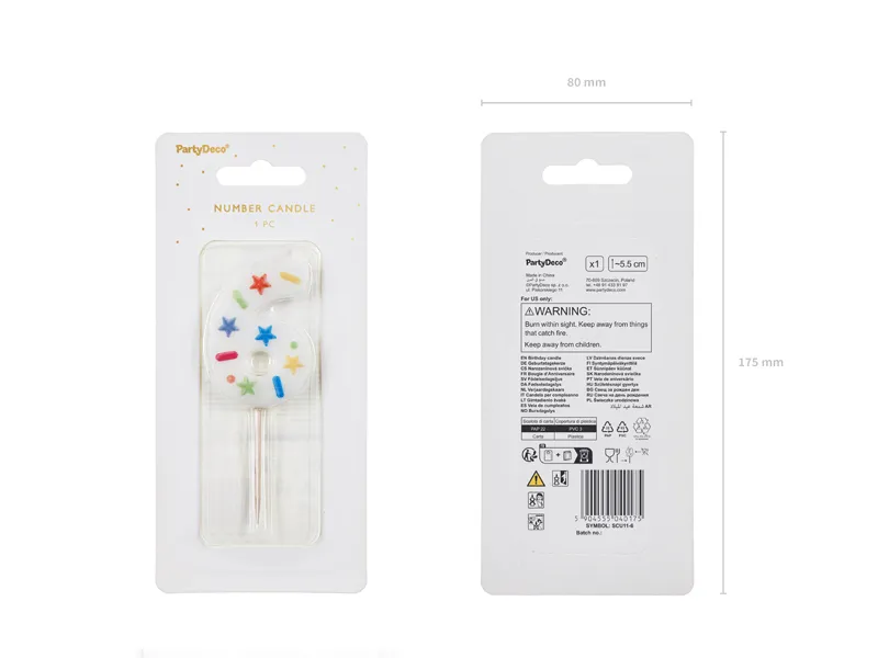 Świeczka urodzinowa Cyfra ''6'' biała, konfetti 5.5cm