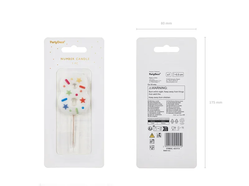 Świeczka urodzinowa Cyfra ''8'' biała, konfetti 5.5cm