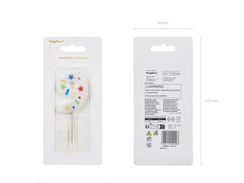 Świeczka urodzinowa Cyfra ''9'', biała konfetti 5.5cm