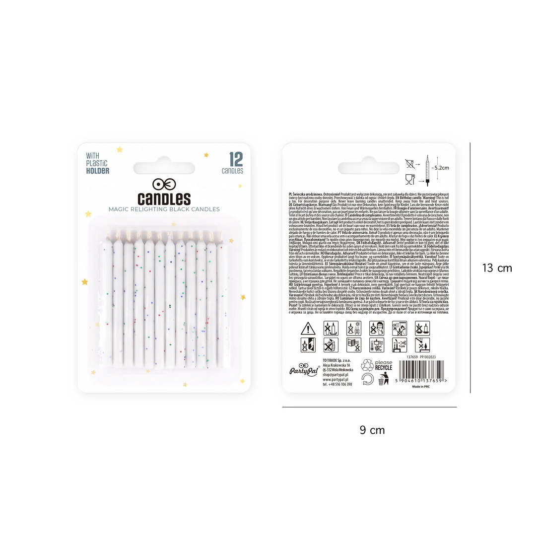 Świeczki urodzinowe niegasnące białe z kolorowym brokatem 12 sztuk