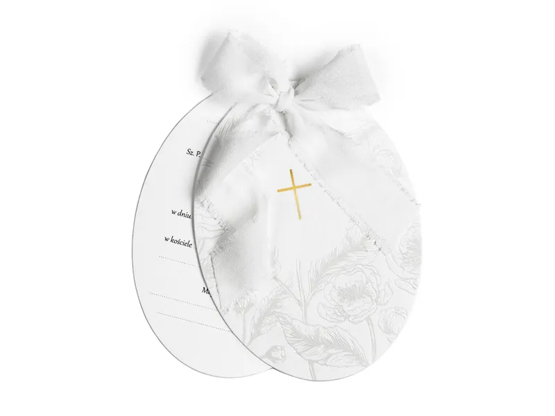 Zaproszenia komunijne Krzyż z gałązkami i kwiatami białe