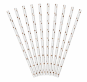 Słomki papierowe białe w rose gold gwiazdki 19.5cm
