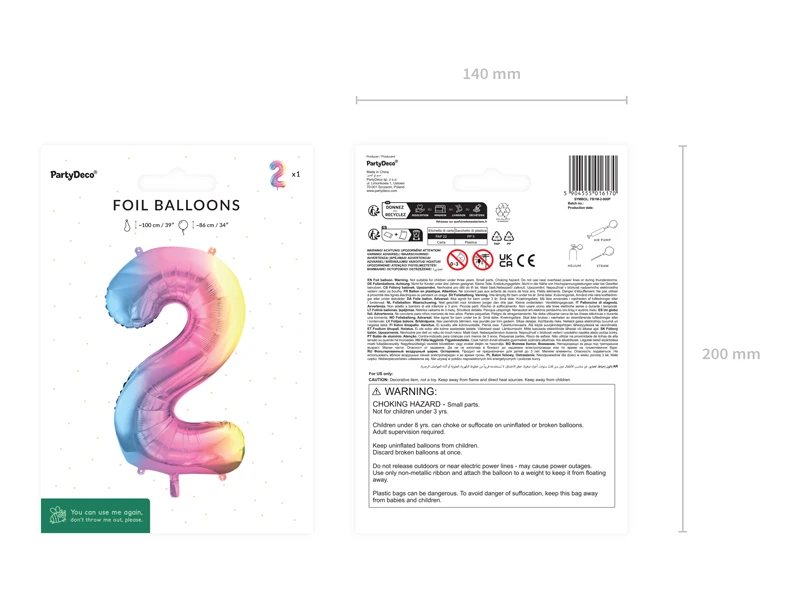 Balon foliowy Cyfra ''2'', 86cm, pastelowy tęczowy 3