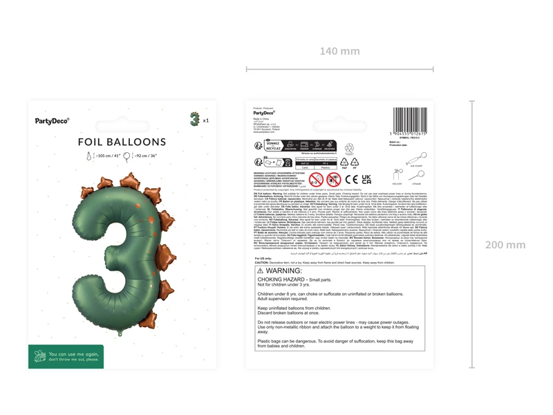 Balon foliowy Cyfra ''3'' Dinozaur, 92cm, mix 5