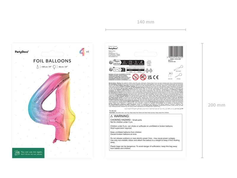 Balon foliowy Cyfra ''4'', 86cm, pastelowy tęczowy 3
