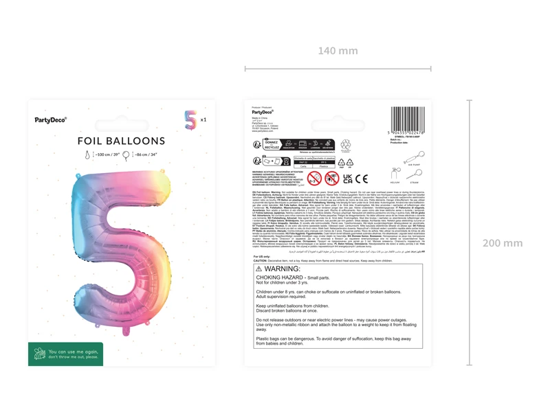 Balon foliowy Cyfra ''5'', 86cm, pastelowy tęczowy 3