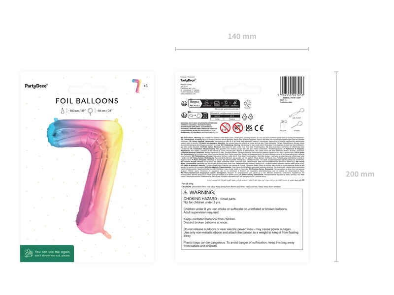 Balon foliowy Cyfra ''7'' 86 cm, pastelowy tęczowy