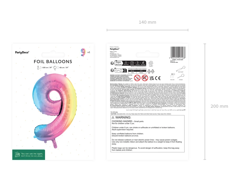 Balon foliowy Cyfra ''9'' 86 cm, pastelowy tęczowy