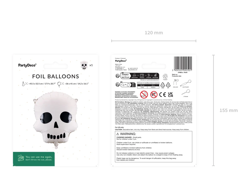 Balon foliowy Czaszka, 36x41 cm, mix 6