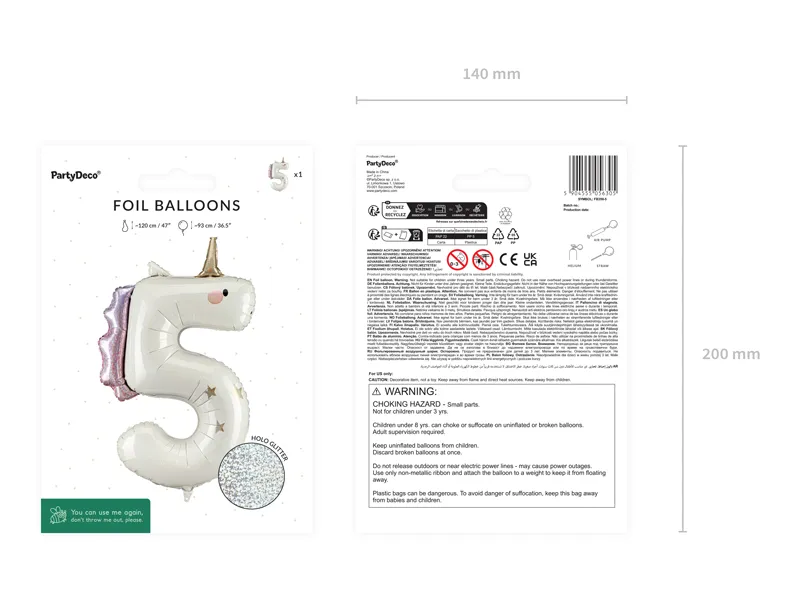 Balon foliowy Cyfra 5 Jednorożec, 93cm