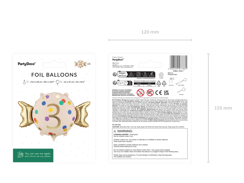 Balon foliowy Cukierek cyfra 3, 61x37 cm