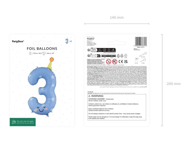 Balon foliowy Cyfra 3 86 cm, niebieski