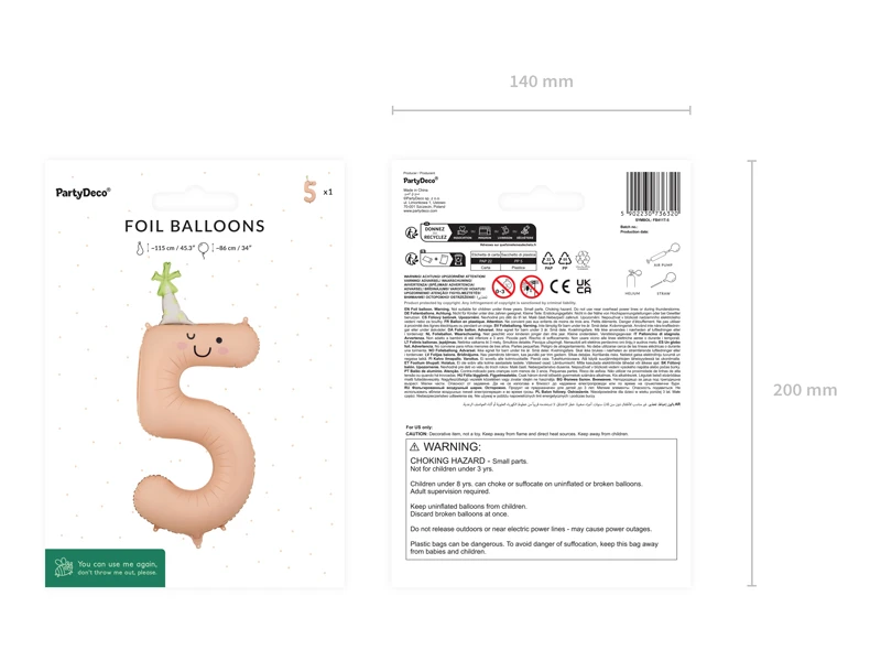 Balon foliowy Cyfra 5 86 cm, brzoskwiniowy