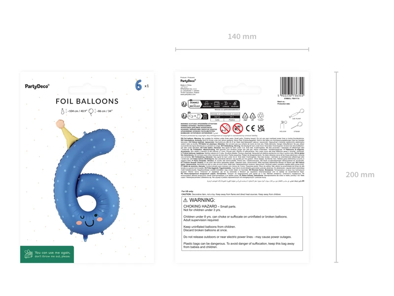 Balon foliowy Cyfra 6 86 cm, niebieski