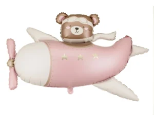 Balon foliowy Miś w Samolocie 94x61 cm jasny różowy