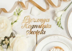 Topper akrylowy na tort Pierwsza Komunia Święta złoty 16.5cm
