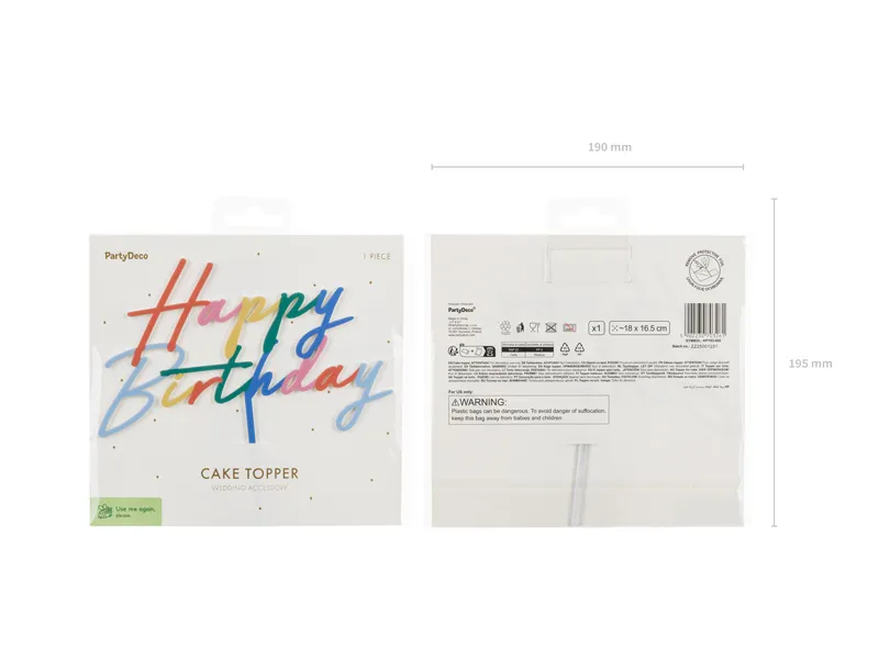 Topper akrylowy na tort Happy Birthday, 18x16.5 cm