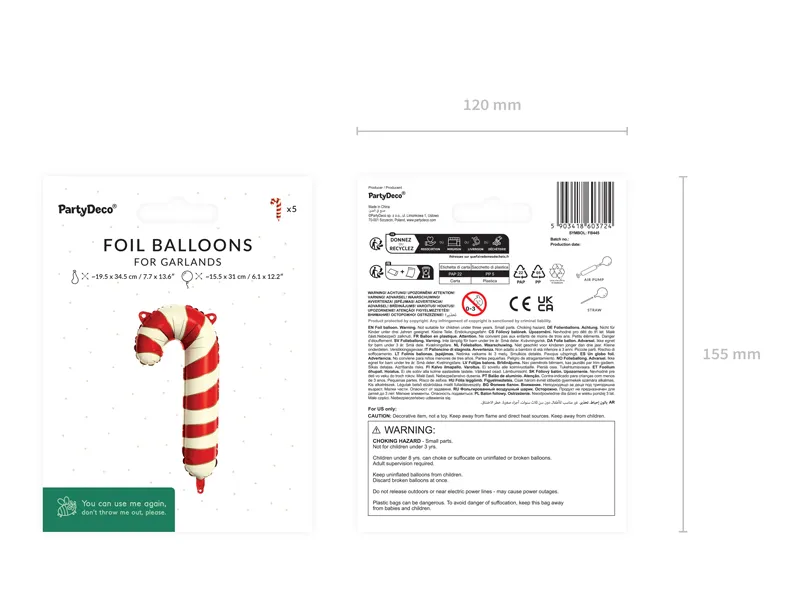 Balony foliowy do girland Cukrowe laski 15.5x31 cm biało-czerwone 4